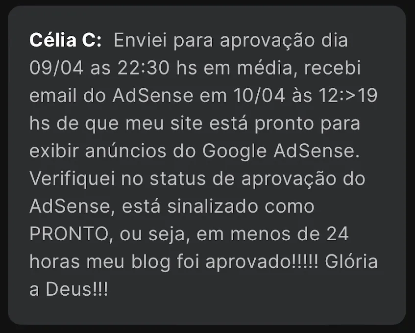 Célia — aprovação AdSense em menos de 24h