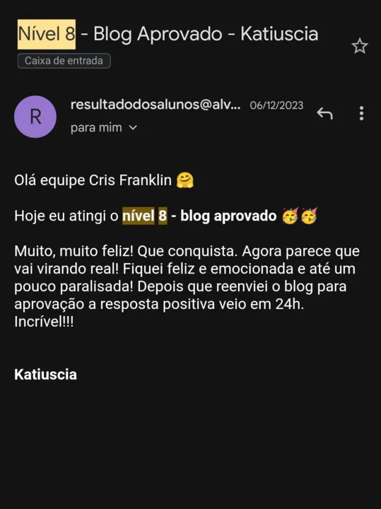 Katiuscia — Blog aprovado em 24h após reenvio